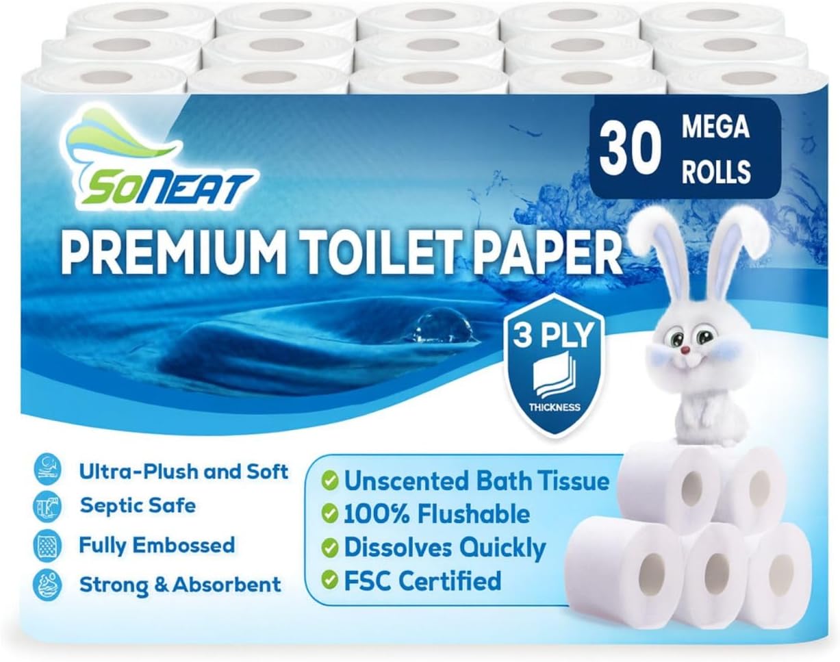 Premium 3-Ply Toilet Paper – 30 Rolls Ultra Soft, Strong, Septic-Safe Commercial Toilet Paer | Super Absorbent Bath Tissue | Ideal for Commercial, Home & RV Use