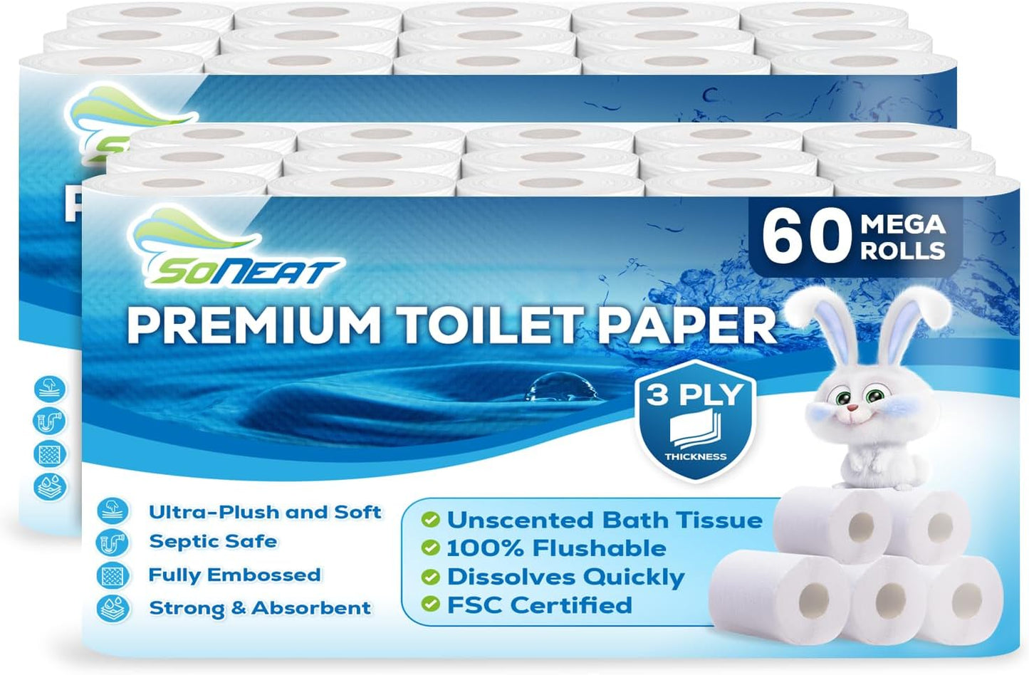Premium 3-Ply Toilet Paper – 60 Rolls Ultra Soft, Strong, Septic-Safe Commercial Toilet Paper | Super Absorbent Bath Tissue | Ideal for Commercial, Home & RV Use