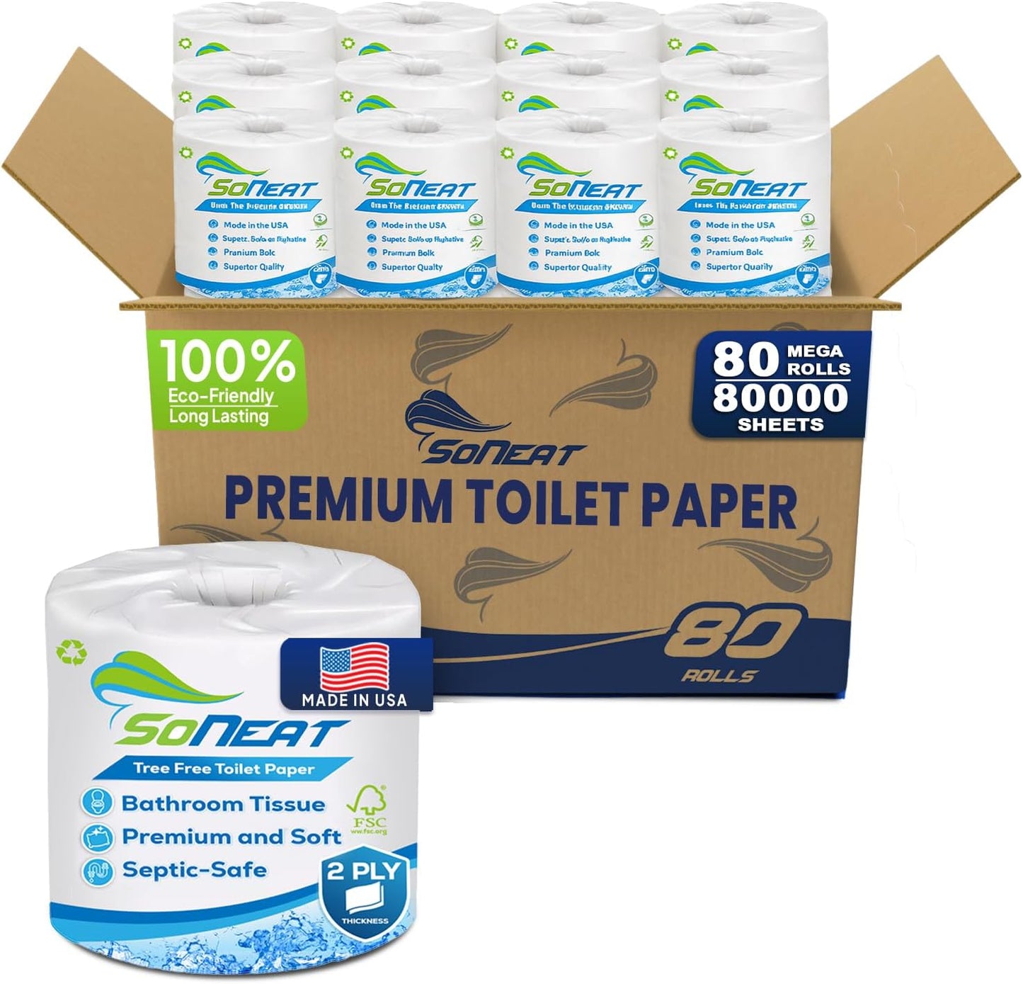 2-Ply Toilet Paper Bulk Pack - 80 Individually Wrapped Rolls, 500 Sheets Per Roll, Soft & Strong Bathroom Tissue, Recycled Paper for Home & Commercial Use, Made in USA