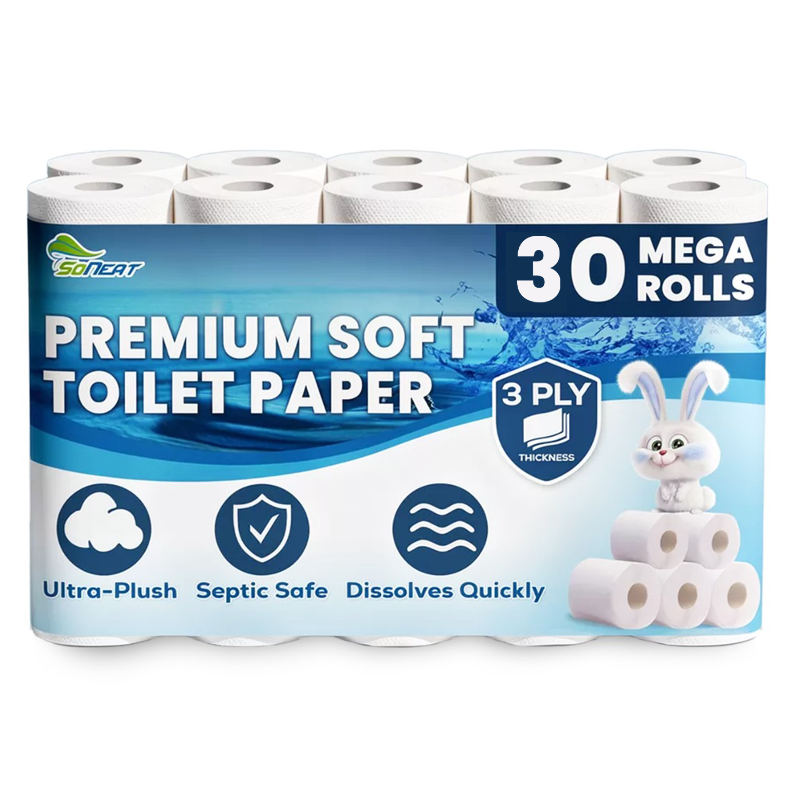 Premium 3-Ply Toilet Paper – 30 Rolls Ultra Soft, Strong, Septic-Safe Commercial Toilet Paer | Super Absorbent Bath Tissue | Ideal for Commercial, Home & RV Use