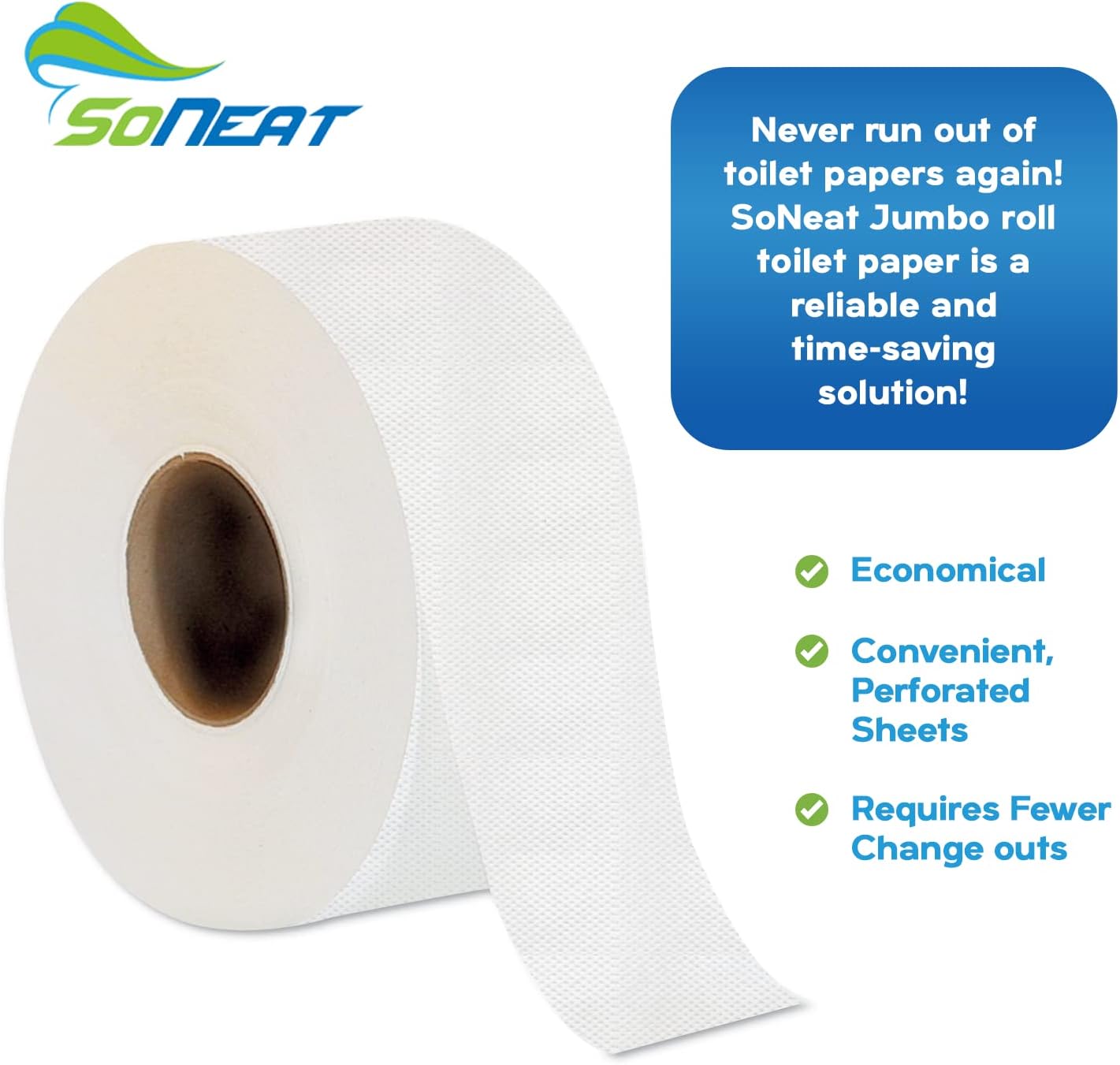 SoNeat 3-Ply Jumbo Toilet Paper Rolls, 9” Commercial Bathroom Tissue Paper, 600 Ft. Long, Compatible with Standard Jumbo Toilet Dispenser, Commercial Toilet Paper Rolls, 9-inch Jumbo Roll Toilet Paper