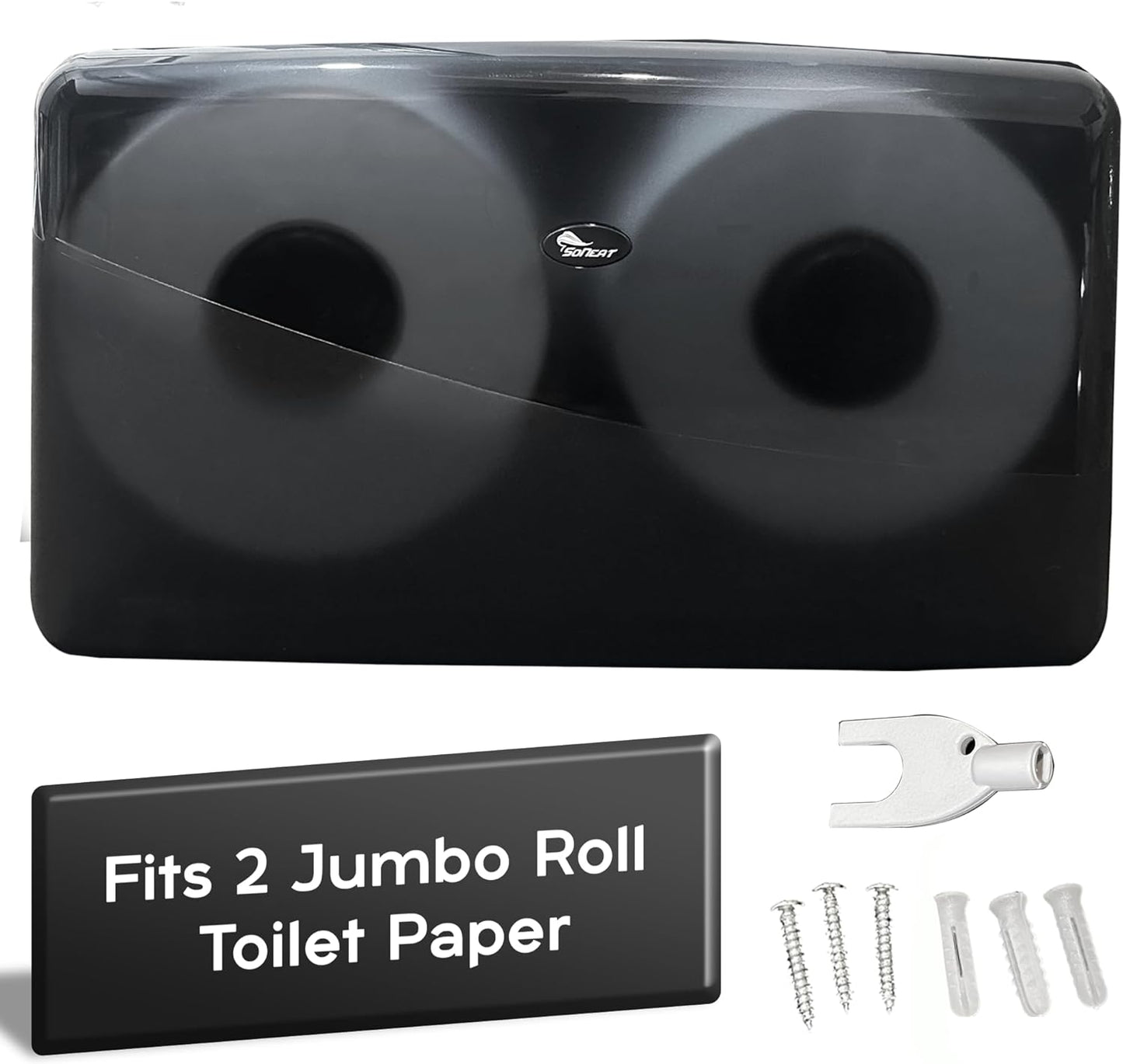 SoNeat Jumbo Roll Toilet Paper Holder - Twin Plastic Toilet Paper Storage, Space-Saving & Wall Mounted Tissue Dispenser for Commercial & Public Restrooms, Holds 2 Jumbo Roll Toilet Paper, Black