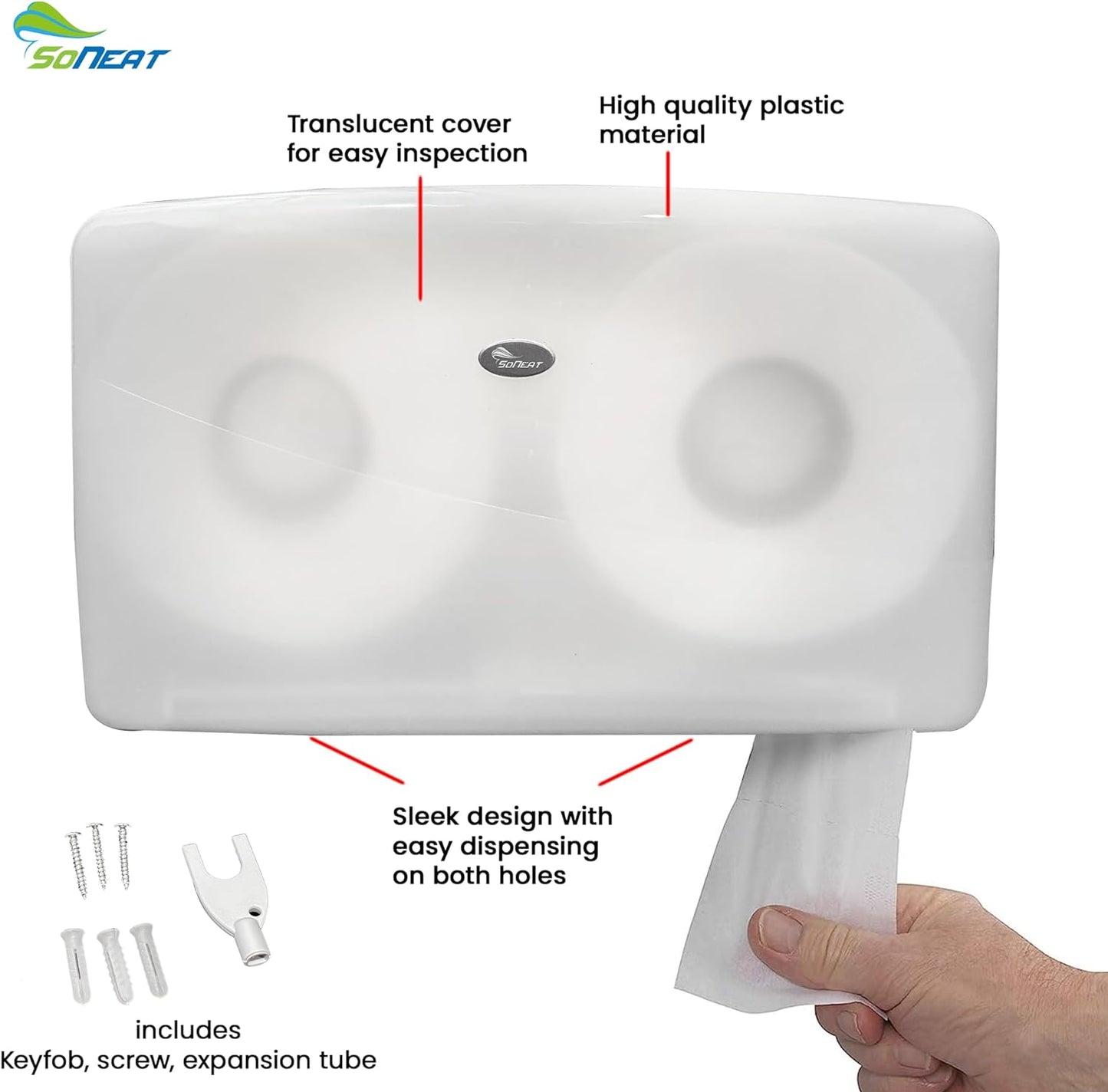 SoNeat Jumbo Roll Toilet Paper Holder - Twin Plastic Toilet Paper Storage, Space-Saving & Wall Mounted Tissue Dispenser for Commercial & Public Restrooms, Holds 2 Jumbo Roll Toilet Paper, White