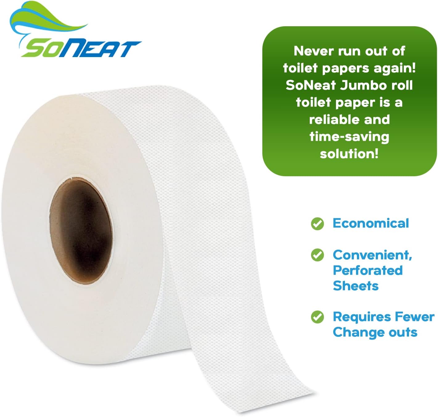 SoNeat 2-Ply Jumbo Toilet Paper Rolls, 9” Commercial Bathroom Tissue Paper, 1000 Ft. Long, Compatible with Standard Jumbo Toilet Dispenser Commercial Toilet Paper Rolls, 9-inch Jumbo Roll Toilet Paper