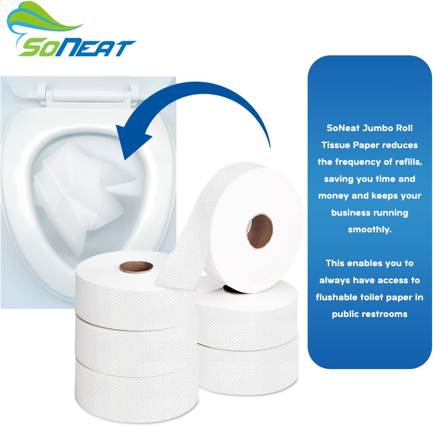 SoNeat 3-Ply Jumbo Toilet Paper Rolls, 9” Commercial Bathroom Tissue Paper, 600 Ft. Long, Compatible with Standard Jumbo Toilet Dispenser, Commercial Toilet Paper Rolls, 9-inch Jumbo Roll Toilet Paper