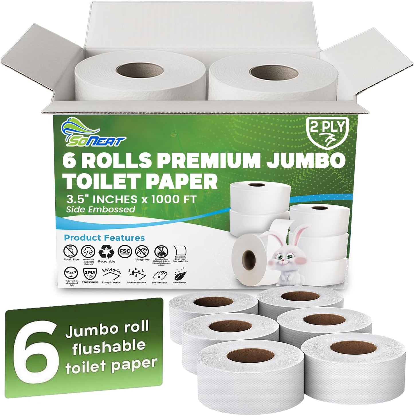 SoNeat 2-Ply Jumbo Toilet Paper Rolls, 9” Commercial Bathroom Tissue Paper, 1000 Ft. Long, Compatible with Standard Jumbo Toilet Dispenser Commercial Toilet Paper Rolls, 9-inch Jumbo Roll Toilet Paper