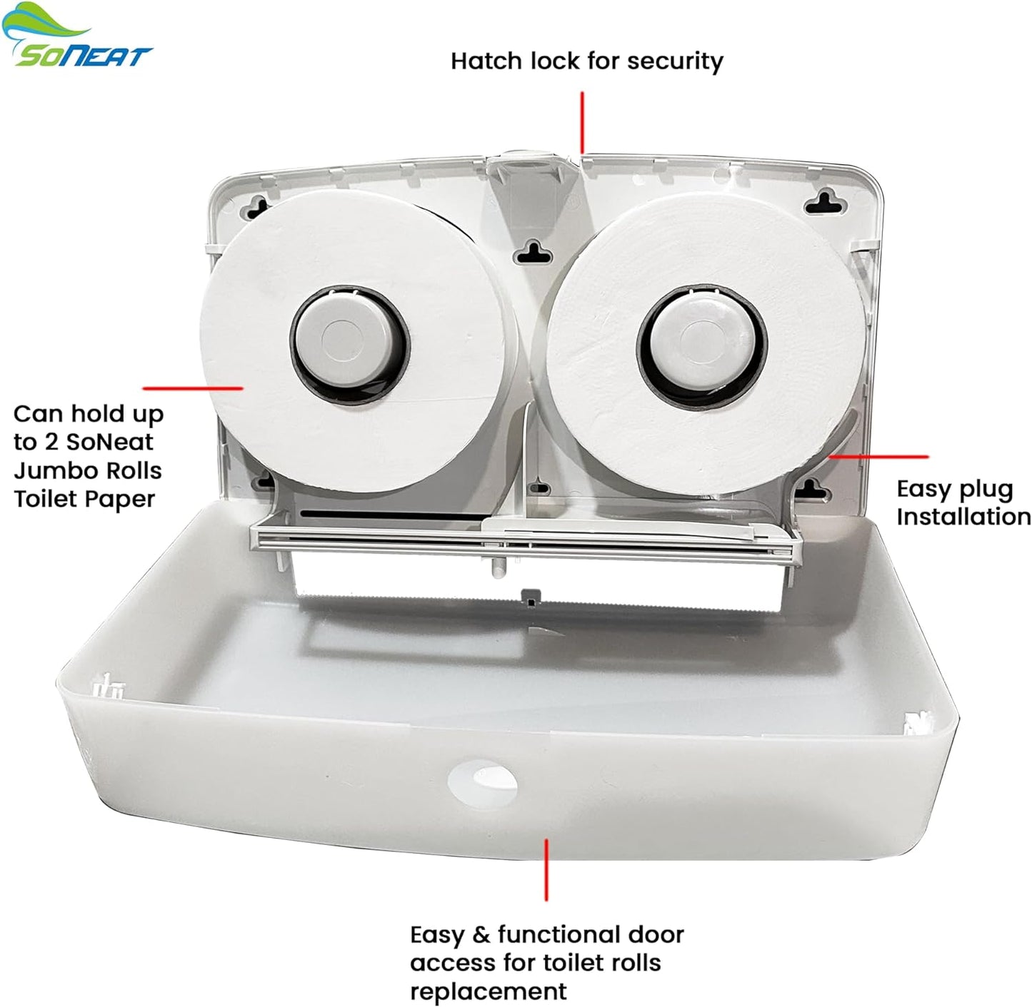 SoNeat Jumbo Roll Toilet Paper Holder - Twin Plastic Toilet Paper Storage, Space-Saving & Wall Mounted Tissue Dispenser for Commercial & Public Restrooms, Holds 2 Jumbo Roll Toilet Paper, White