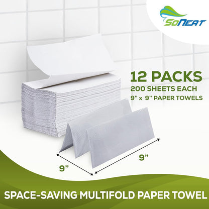 Multifold Paper Towels, 2400 Sheets, Pack of 12 Premium Quality Disposable Hand Towels for Commercial, Household, and Public Bathroom, 100% Virgin Wood Pulp