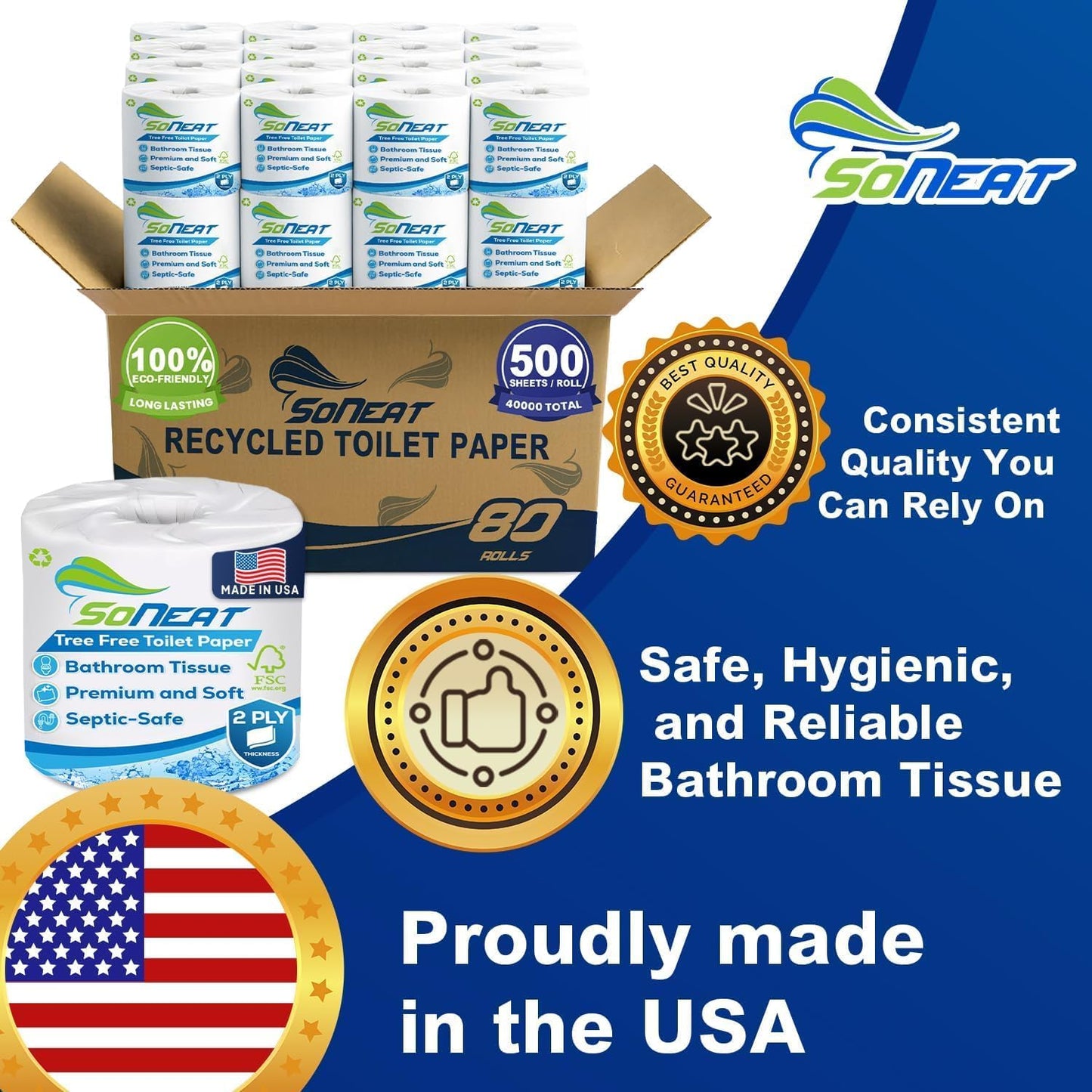 2-Ply Toilet Paper Bulk Pack - 80 Individually Wrapped Rolls, 500 Sheets Per Roll, Soft & Strong Bathroom Tissue, Recycled Paper for Home & Commercial Use, Made in USA