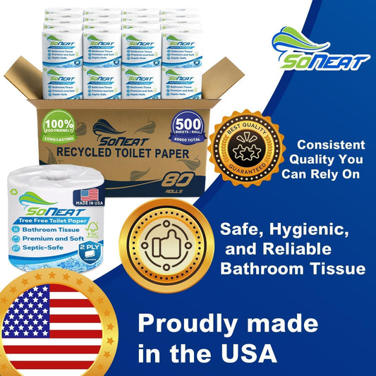 2-Ply Toilet Paper Bulk Pack - 80 Individually Wrapped Rolls, 500 Sheets Per Roll, Soft & Strong Bathroom Tissue, Recycled Paper for Home & Commercial Use, Made in USA