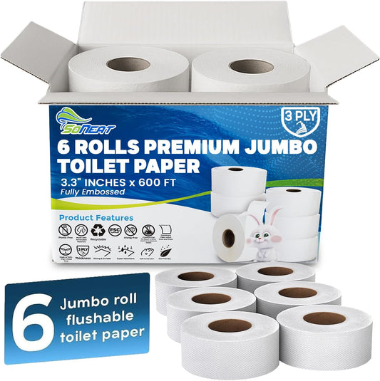 SoNeat 3-Ply Jumbo Toilet Paper Rolls, 9” Commercial Bathroom Tissue Paper, 600 Ft. Long, Compatible with Standard Jumbo Toilet Dispenser, Commercial Toilet Paper Rolls, 9-inch Jumbo Roll Toilet Paper
