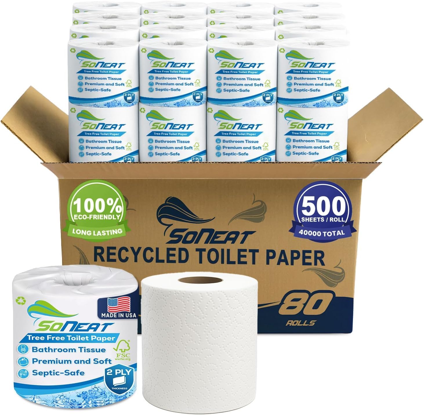 2-Ply Toilet Paper Bulk Pack - 80 Individually Wrapped Rolls, 500 Sheets Per Roll, Soft & Strong Bathroom Tissue, Recycled Paper for Home & Commercial Use, Made in USA