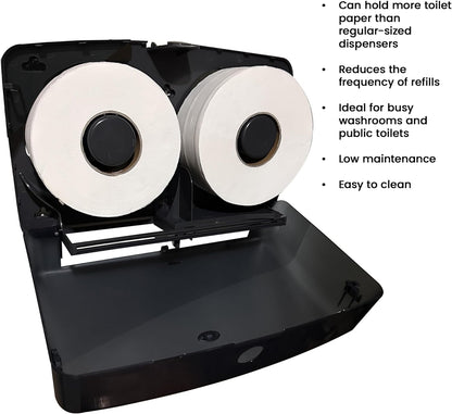 SoNeat Jumbo Roll Toilet Paper Holder - Twin Plastic Toilet Paper Storage, Space-Saving & Wall Mounted Tissue Dispenser for Commercial & Public Restrooms, Holds 2 Jumbo Roll Toilet Paper, Black