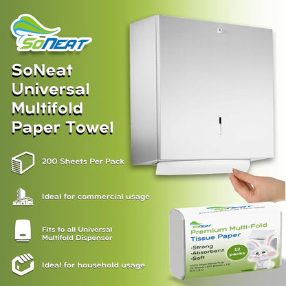 Multifold Paper Towels, 2400 Sheets, Pack of 12 Premium Quality Disposable Hand Towels for Commercial, Household, and Public Bathroom, 100% Virgin Wood Pulp