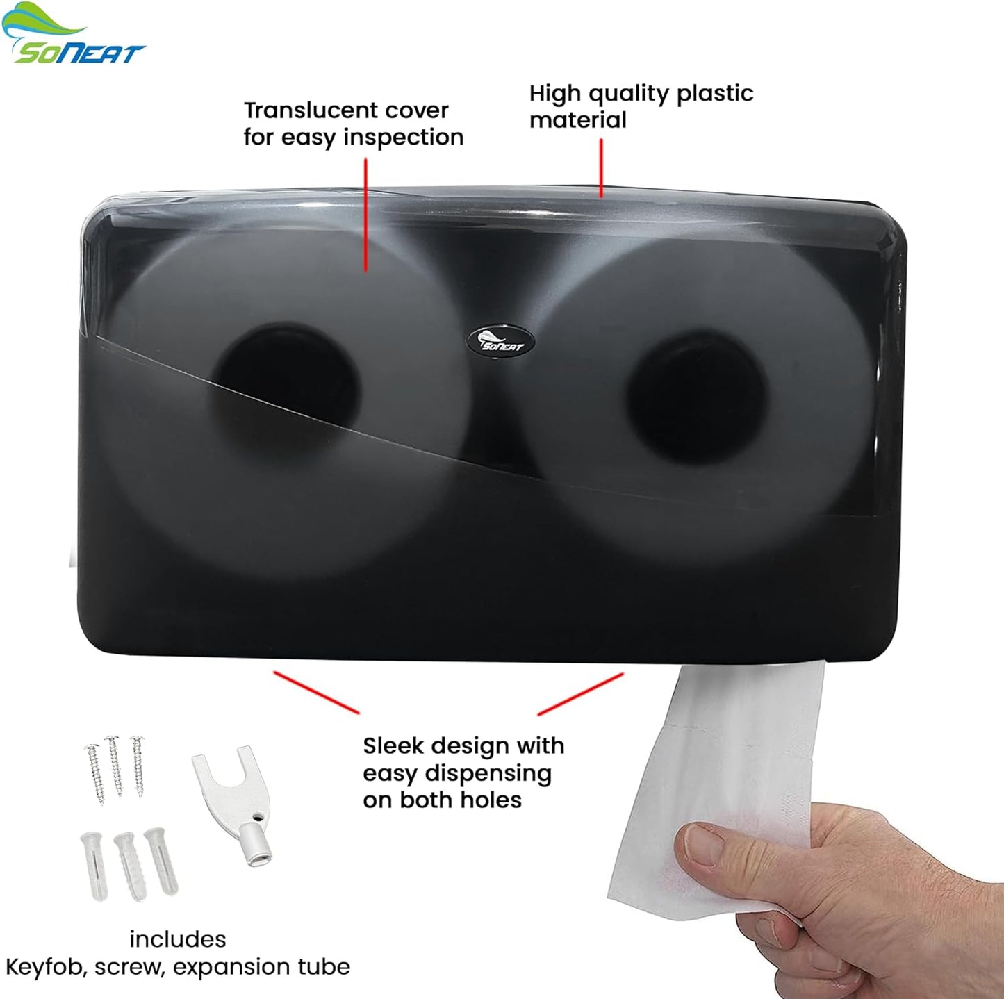 SoNeat Jumbo Roll Toilet Paper Holder - Twin Plastic Toilet Paper Storage, Space-Saving & Wall Mounted Tissue Dispenser for Commercial & Public Restrooms, Holds 2 Jumbo Roll Toilet Paper, Black