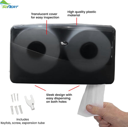 SoNeat Jumbo Roll Toilet Paper Holder - Twin Plastic Toilet Paper Storage, Space-Saving & Wall Mounted Tissue Dispenser for Commercial & Public Restrooms, Holds 2 Jumbo Roll Toilet Paper, Black