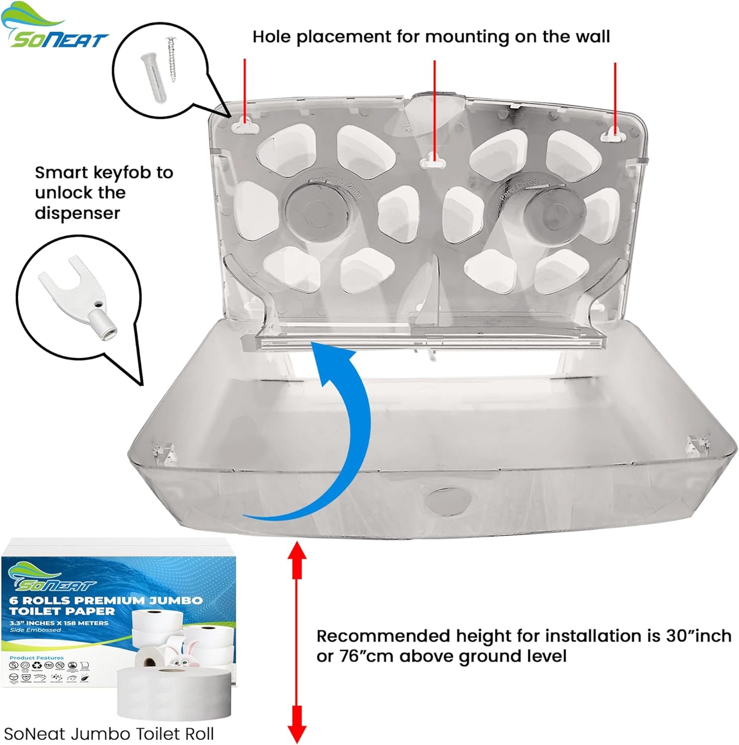 SoNeat Jumbo Roll Toilet Paper Holder - Twin Plastic Toilet Paper Storage, Space-Saving & Wall Mounted Tissue Dispenser for Commercial & Public Restrooms, Holds 2 Jumbo Roll Toilet Paper, White