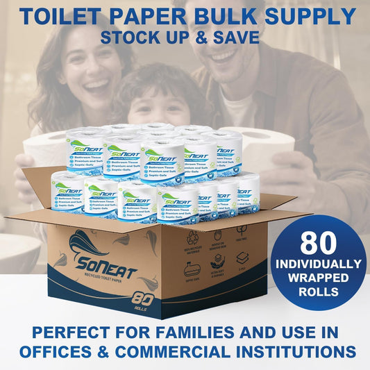 2-Ply Toilet Paper Bulk Pack - 80 Individually Wrapped Rolls, 500 Sheets Per Roll, Soft & Strong Bathroom Tissue, Recycled Paper for Home & Commercial Use, Made in USA