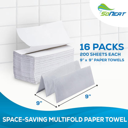 Multifold Paper Towels, 3200 Sheets, Pack of 16 Premium Quality Disposable Hand Towels for Commercial, Household, and Public Bathroom, 100% Virgin Wood Pulp