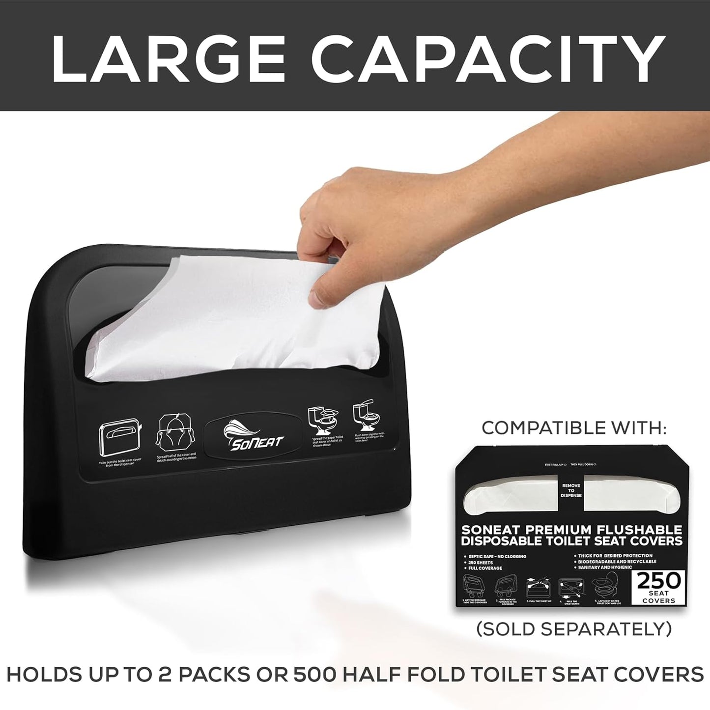 Toilet Seat Cover Dispenser - Holds 500 Sheets of Disposable Toilet Seat Covers, Wall Mounted and Heavy Duty ABS Plastic Seat Cover Holder for Commercial and Residential Use, Black