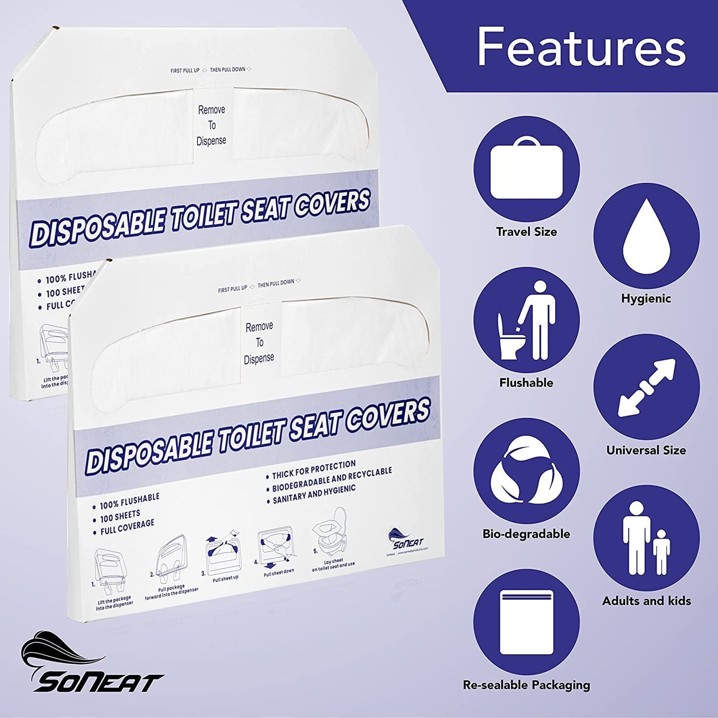 SoNeat Half-Fold Toilet Seat Cover and ABS Plastic Dispenser Set - 200 CT XL Flushable Disposable Toilet Seat Cover Pack for Commercial, and Travel Accessories, 2 Pack, Regular