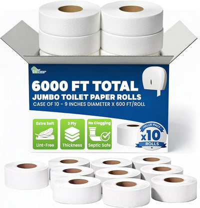 SoNeat 3-Ply, 10 Rolls Jumbo Toilet Paper, Commercial toilet paper - Jumbo toilet paper rolls -6000 FT Industrial 3-Ply 9” Bulk Large Roll for Standard Jumbo Dispenser