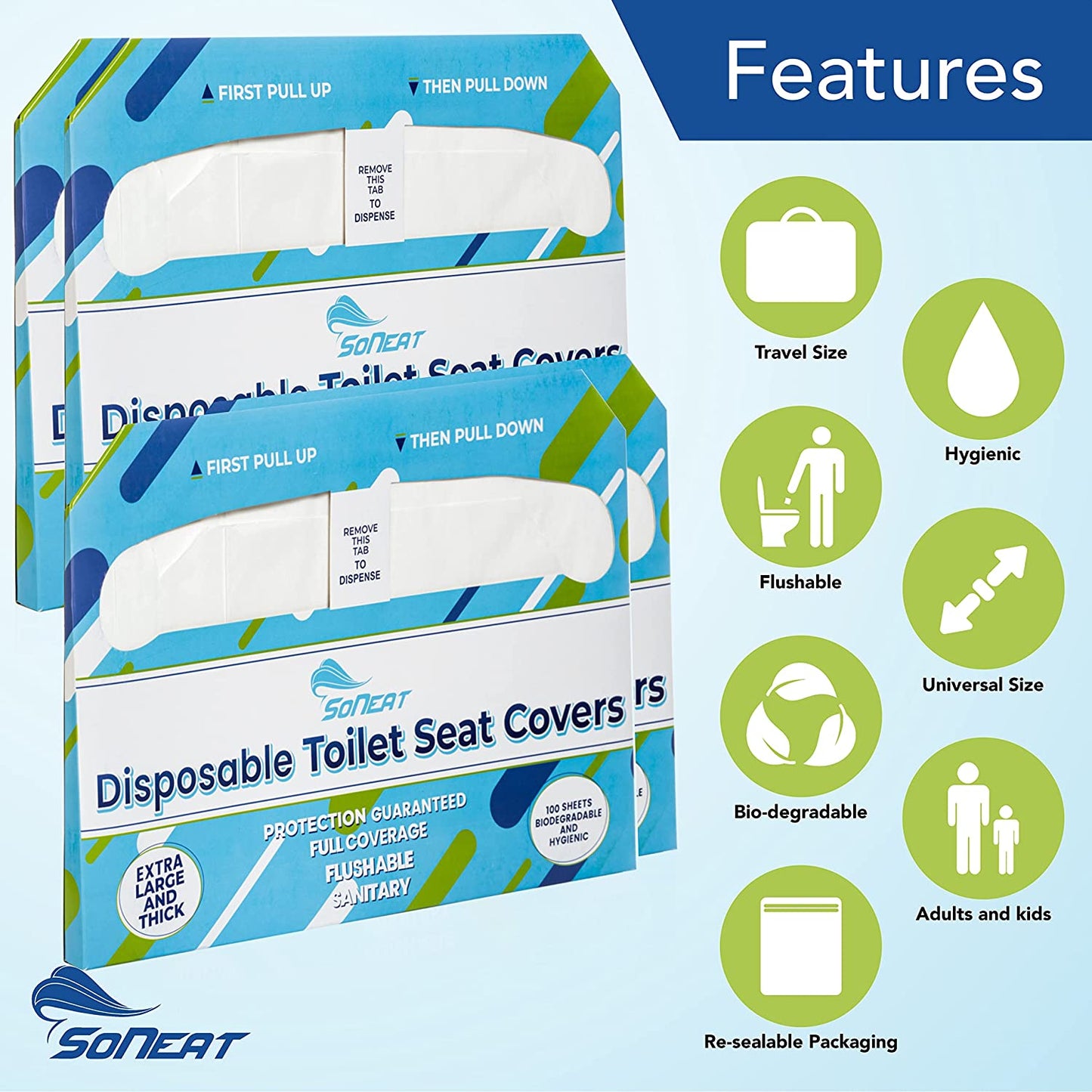 SoNeat Half-Fold Toilet Seat Cover and Dispenser Set - 400 CT XL Flushable Disposable Toilet Seat Cover Pack for Commercial, and Travel Accessories, 4 Pack, Colorful