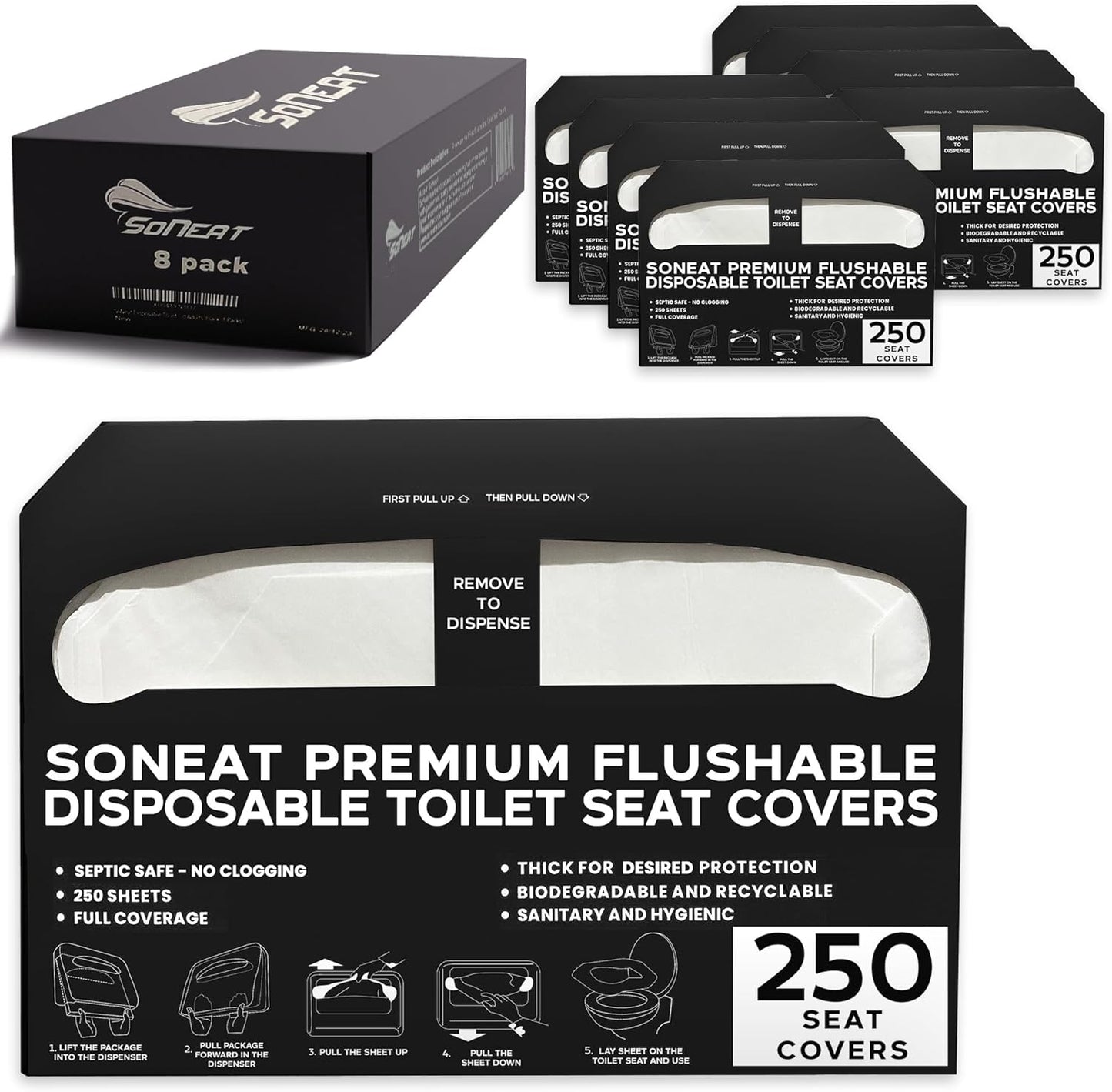 Disposable Toilet Seat Covers - 2000 Sheets of XL Half-Fold Flushable Paper Toilet Seat Cover for Commercial and Public Restrooms, Full Coverage Toilet Seat Liners, 8 Packs of 250