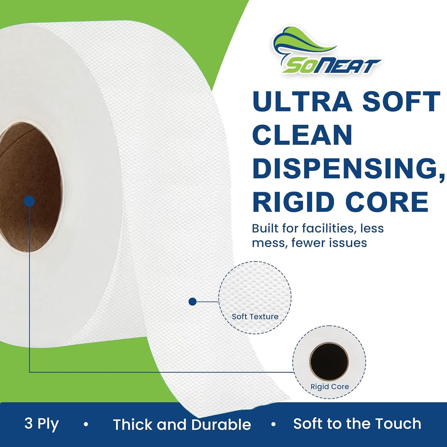 SoNeat 3-Ply, 10 Rolls Jumbo Toilet Paper, Commercial toilet paper - Jumbo toilet paper rolls -6000 FT Industrial 3-Ply 9” Bulk Large Roll for Standard Jumbo Dispenser