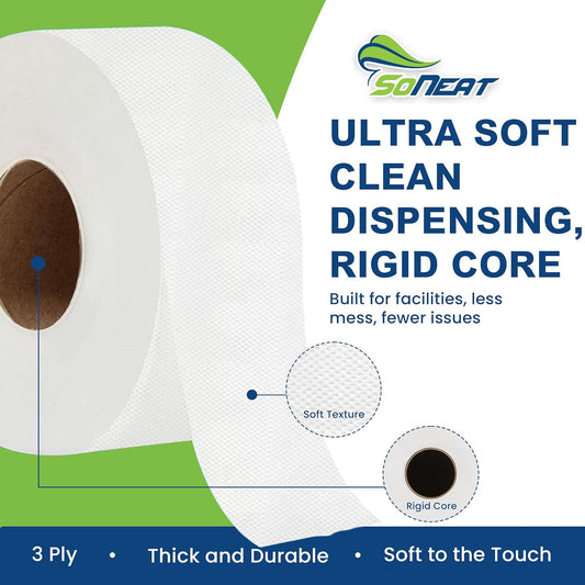 SoNeat 3-Ply, 10 Rolls Jumbo Toilet Paper, Commercial toilet paper - Jumbo toilet paper rolls -6000 FT Industrial 3-Ply 9” Bulk Large Roll for Standard Jumbo Dispenser