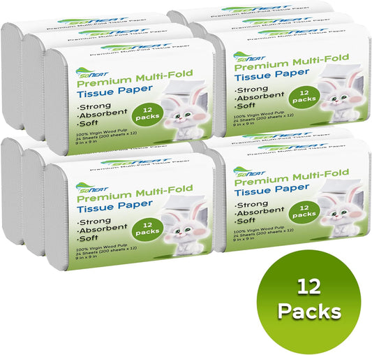 Multifold Paper Towels, 2400 Sheets, Pack of 12 Premium Quality Disposable Hand Towels for Commercial, Household, and Public Bathroom, 100% Virgin Wood Pulp