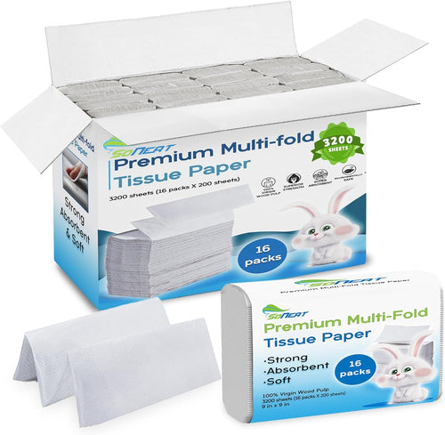 Multifold Paper Towels, 3200 Sheets, Pack of 16 Premium Quality Disposable Hand Towels for Commercial, Household, and Public Bathroom, 100% Virgin Wood Pulp