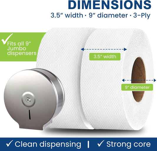SoNeat 3-Ply, 10 Rolls Jumbo Toilet Paper, Commercial toilet paper - Jumbo toilet paper rolls -6000 FT Industrial 3-Ply 9” Bulk Large Roll for Standard Jumbo Dispenser