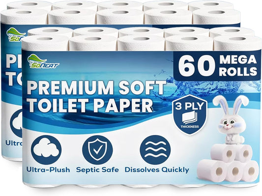 Premium 3-Ply Toilet Paper – 60 Rolls Ultra Soft, Strong, Septic-Safe Commercial Toilet Paper | Super Absorbent Bath Tissue | Ideal for Commercial, Home & RV Use