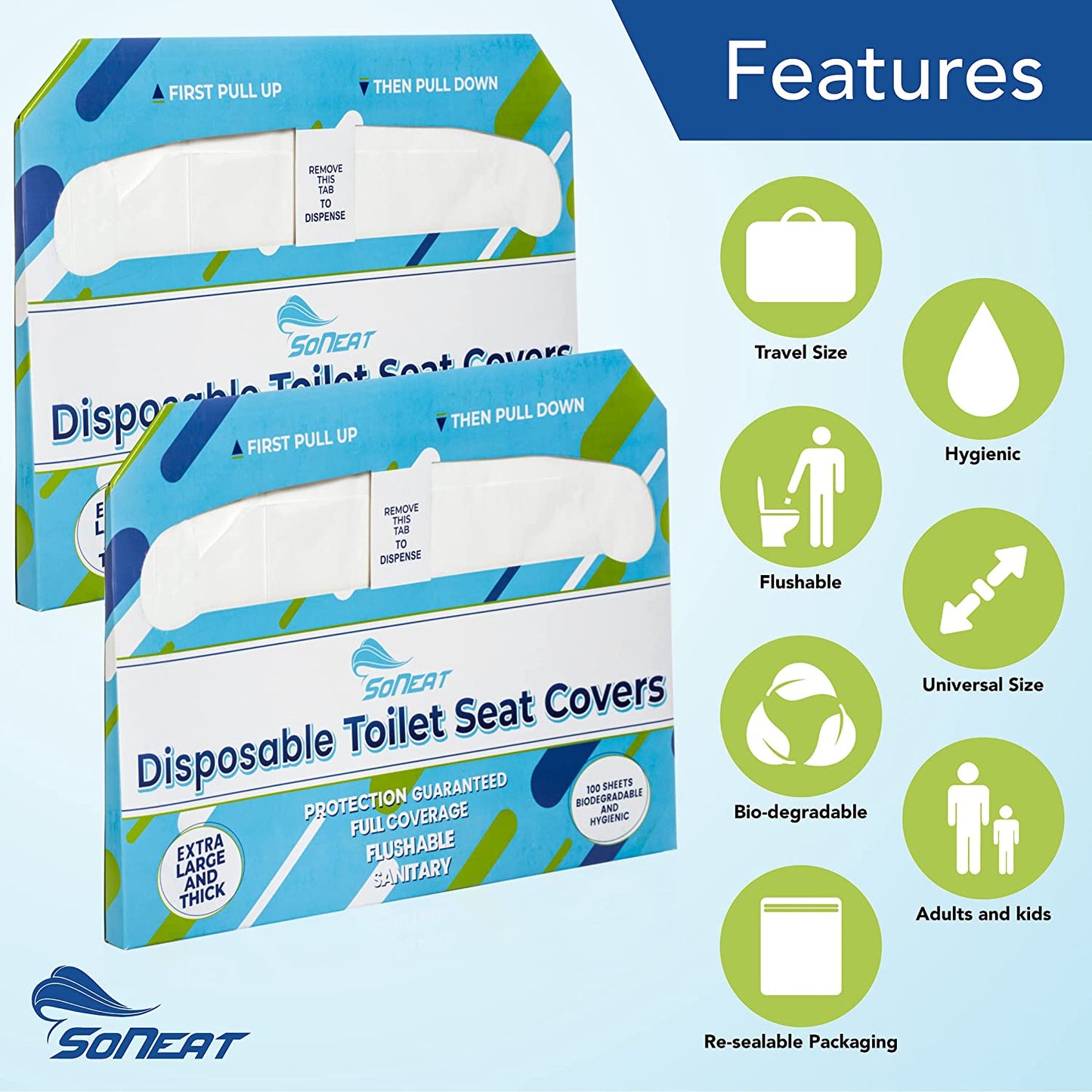 SoNeat Paper Toilet Seat Covers - Disposable Virgin Paper - 2 Packs of 100 - Half-Fold Toilet Seat Cover - Flushable Paper and Commercial Toilet Seat Cover, Colorful